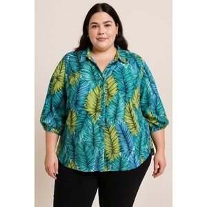 Catherines Womens 3X 26/28W Tropical Palm Leaf Print Roll Tab 3/4‎ Sleeve Shirt